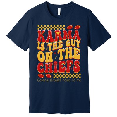 Karma Is The Guy Coming Straight Home To Me Retro Groovy Football Premium T-Shirt