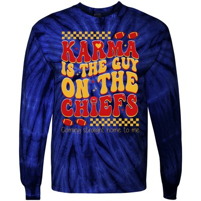 Karma Is The Guy Coming Straight Home To Me Retro Groovy Football Tie-Dye Long Sleeve Shirt