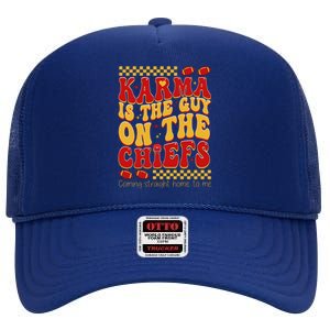 Karma Is The Guy Coming Straight Home To Me Retro Groovy Football High Crown Mesh Back Trucker Hat