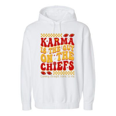 Karma Is The Guy Coming Straight Home To Me Retro Groovy Football Garment-Dyed Fleece Hoodie