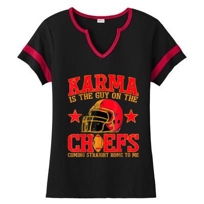 Karma Is The Guy On The Chief Trendy Ladies Halftime Notch Neck Tee