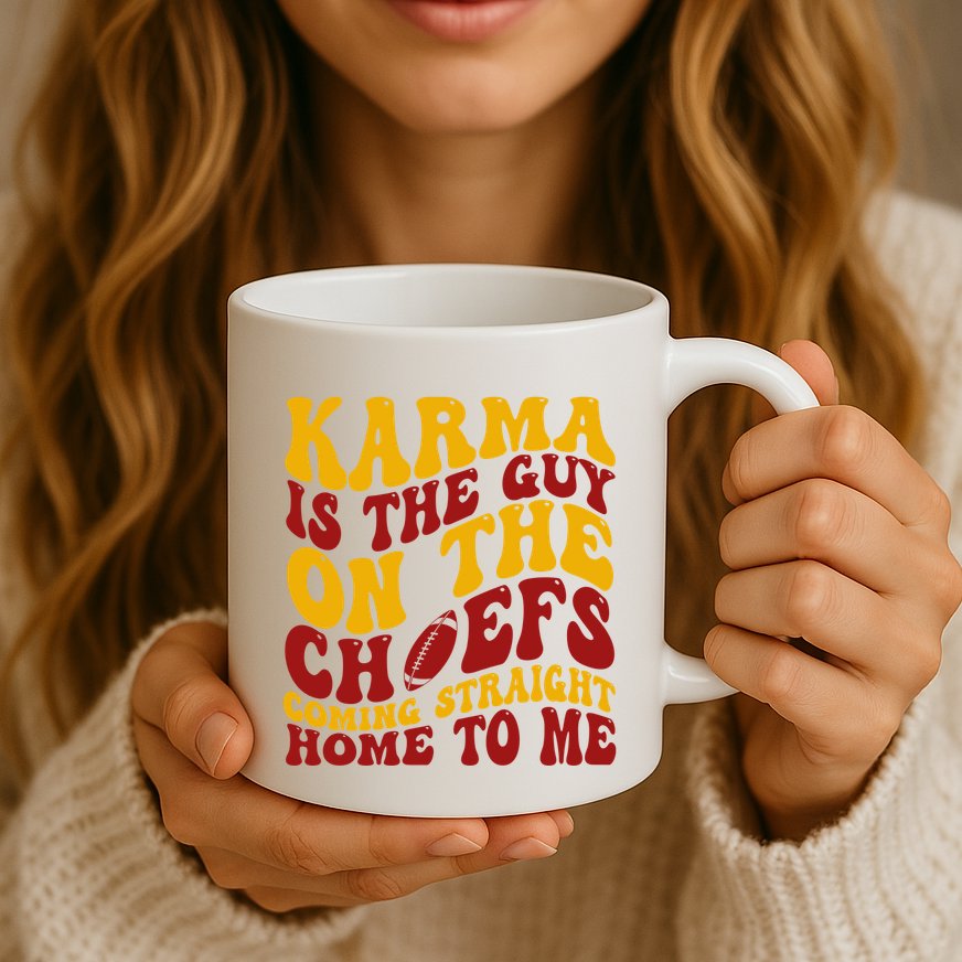 Karma Is The Guy Coming Straight Home To Me Football Mug