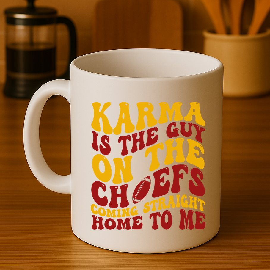 Karma Is The Guy Coming Straight Home To Me Football Mug