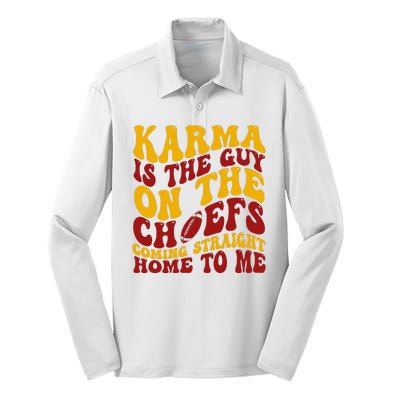 Karma Is The Guy Coming Straight Home To Me Football Silk Touch Performance Long Sleeve Polo