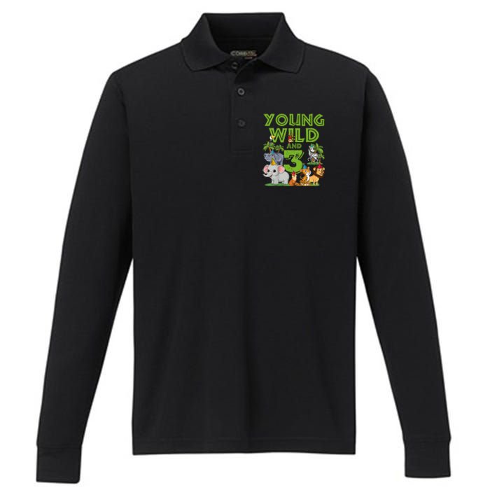 Kids I´m Wild And Three 3 Birthday 3 Year Old Birthday Performance Long Sleeve Polo