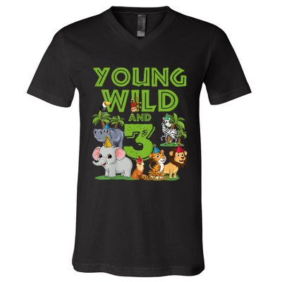 Kids I´m Wild And Three 3 Birthday 3 Year Old Birthday V-Neck T-Shirt