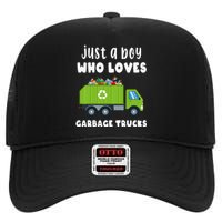 Kids Just A Boy Who Loves Garbage Trucks High Crown Mesh Back Trucker Hat