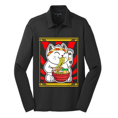 Kawaii Japanese Cat Eating Ramen Noodles Japanese Food Anime Silk Touch Performance Long Sleeve Polo