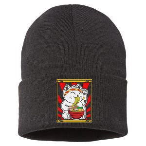 Kawaii Japanese Cat Eating Ra Noodles Japanese Food Anime Sustainable Knit Beanie