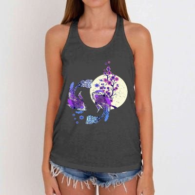 Koi Japanese Koi Carp Full Moon Yin Yang Cherry Blossom Women's Knotted Racerback Tank