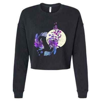 Koi Japanese Koi Carp Full Moon Yin Yang Cherry Blossom Cropped Pullover Crew