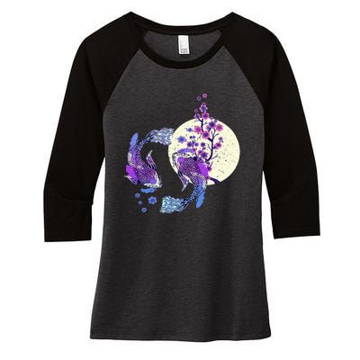 Koi Japanese Koi Carp Full Moon Yin Yang Cherry Blossom Women's Tri-Blend 3/4-Sleeve Raglan Shirt