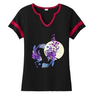 Koi Japanese Koi Carp Full Moon Yin Yang Cherry Blossom Ladies Halftime Notch Neck Tee