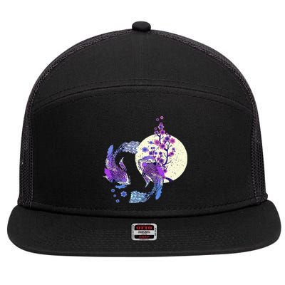 Koi Japanese Koi Carp Full Moon Yin Yang Cherry Blossom 7 Panel Mesh Trucker Snapback Hat