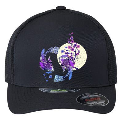 Koi Japanese Koi Carp Full Moon Yin Yang Cherry Blossom Flexfit Unipanel Trucker Cap