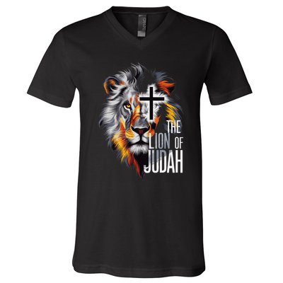 King Jesus Lion Of Judah Christian Cross Faith V-Neck T-Shirt