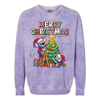 Koalalala Koala Bear Decorating Christmas Tree Santa Hat Gift Colorblast Crewneck Sweatshirt