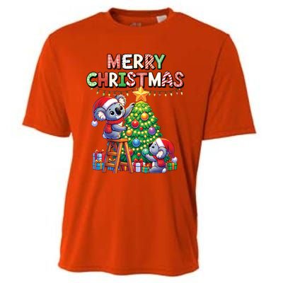 Koalalala Koala Bear Decorating Christmas Tree Santa Hat Gift Cooling Performance Crew T-Shirt