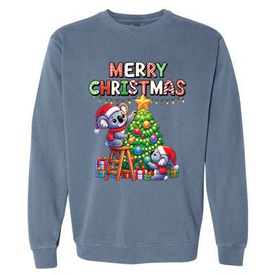 Koalalala Koala Bear Decorating Christmas Tree Santa Hat Gift Garment-Dyed Sweatshirt