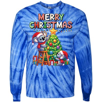 Koalalala Koala Bear Decorating Christmas Tree Santa Hat Gift Tie-Dye Long Sleeve Shirt