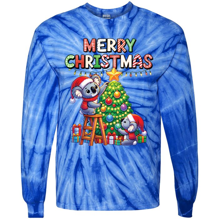 Koalalala Koala Bear Decorating Christmas Tree Santa Hat Gift Tie-Dye Long Sleeve Shirt