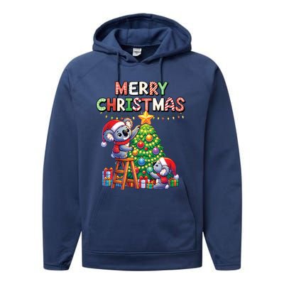 Koalalala Koala Bear Decorating Christmas Tree Santa Hat Gift Performance Fleece Hoodie