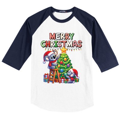 Koalalala Koala Bear Decorating Christmas Tree Santa Hat Gift Baseball Sleeve Shirt