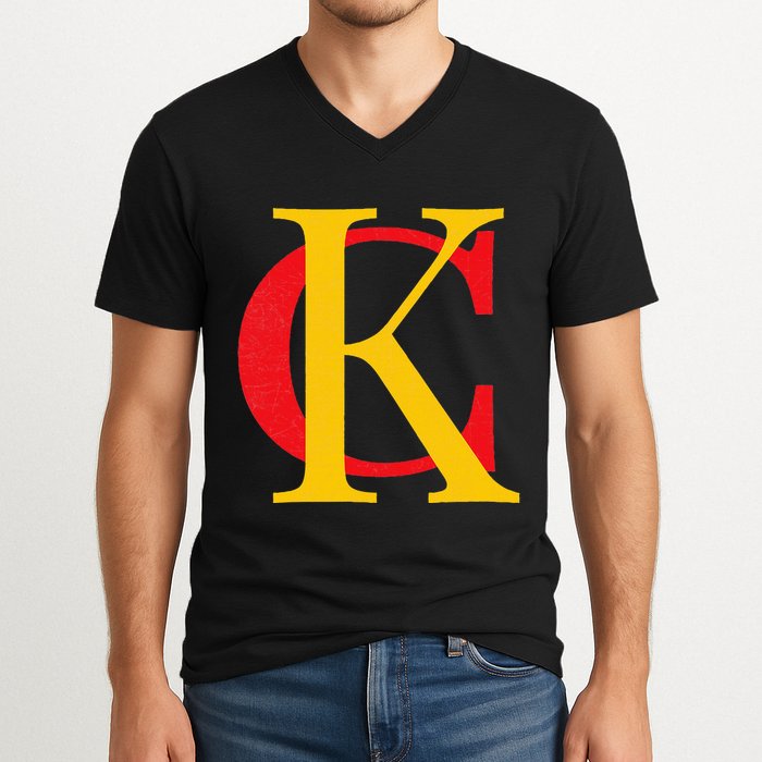 Kc Kansas City Red Yellow & Black Kc Classic Kc Initials V-Neck T-Shirt