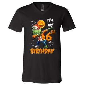 Kids Kids Its My 6th Birthday Dabbing Zombie Halloween Costume V-Neck T-Shirt