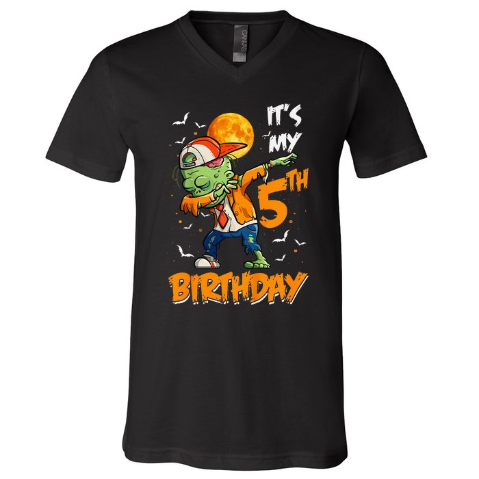 Kids Kids Its My 5th Birthday Dabbing Zombie Halloween Costume V-Neck T-Shirt