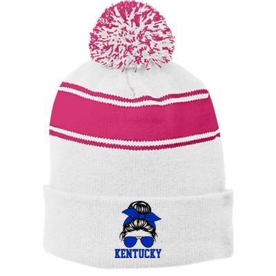 Kentucky Ky Messy Bun Varsity Vintage Sports Stripe Pom Pom Beanie