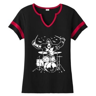 King Kong Playing Drums Ladies Halftime Notch Neck Tee