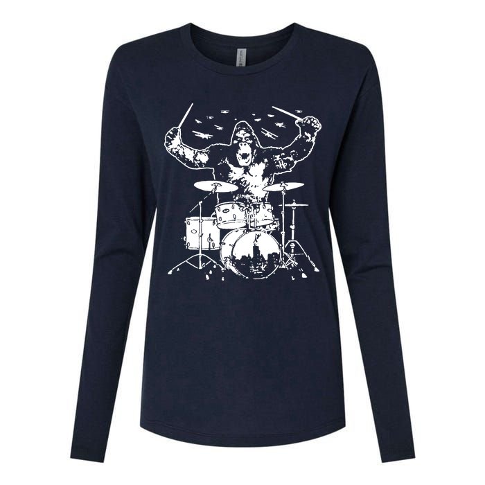 King Kong Playing Drums Womens Cotton Relaxed Long Sleeve T-Shirt