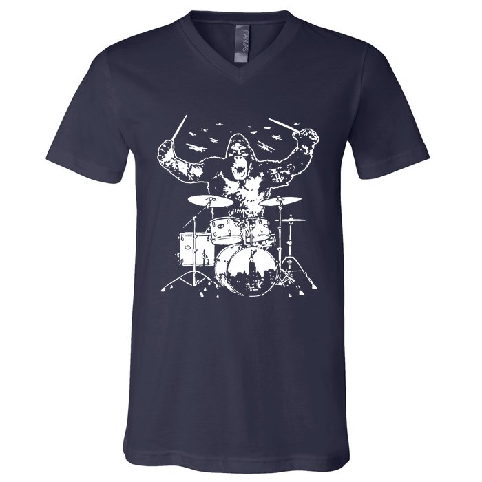 King Kong Playing Drums V-Neck T-Shirt