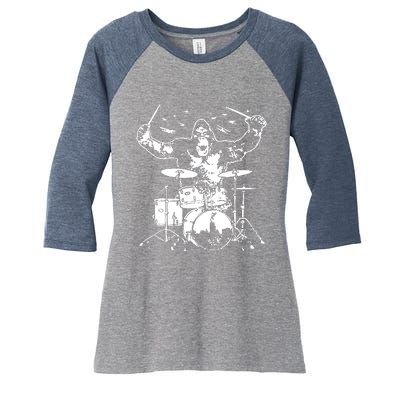 King Kong Playing Drums Women's Tri-Blend 3/4-Sleeve Raglan Shirt