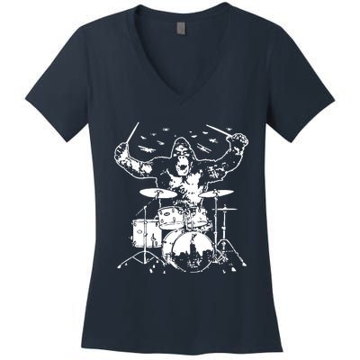 King Kong Playing Drums Women's V-Neck T-Shirt