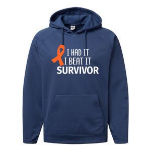 Kidney Leukemia Cancer Had It Beat It Survivor Orange Ribbon Gift Performance Fleece Hoodie