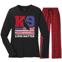 K9 Lives Matter K9 Police Dog Usa American Flag Women's Long Sleeve Flannel Pajama Set 