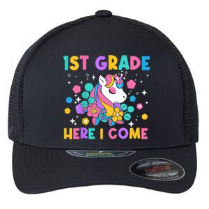 Kids Look Out 1st Grade First Day Of School Girl Unicorn Flexfit Unipanel Trucker Cap