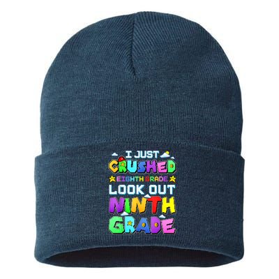 Kids Look Out Ninth Grade Funny Gamer Back To School Sustainable Knit Beanie