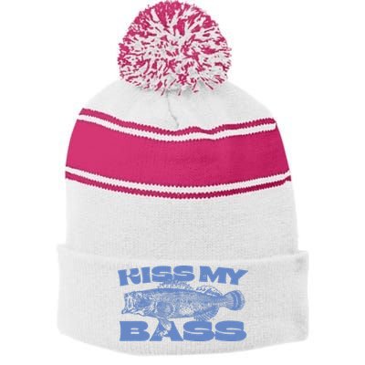 Kiss My Bass Vintage Fishing Stripe Pom Pom Beanie