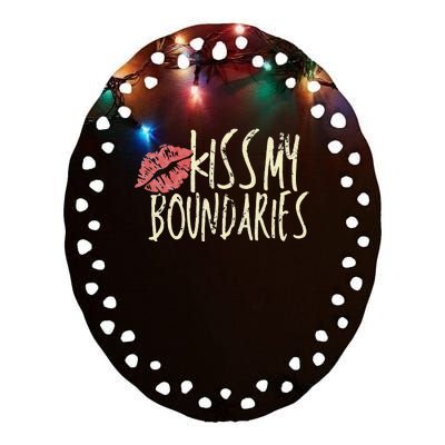 Kissing My Boundaries Red Lips White Quote Ceramic Oval Ornament