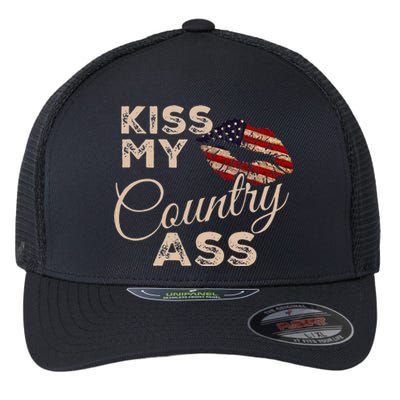 Kiss My Country Ass Patriotic Grunge Flag Lips Flexfit Unipanel Trucker Cap