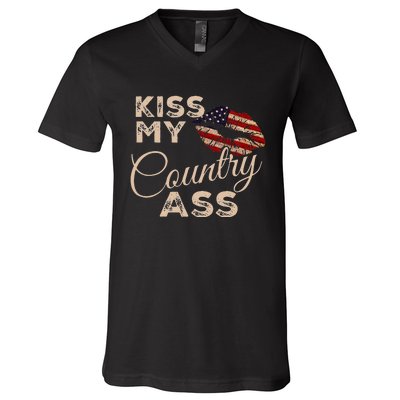 Kiss My Country Ass Patriotic Grunge Flag Lips V-Neck T-Shirt