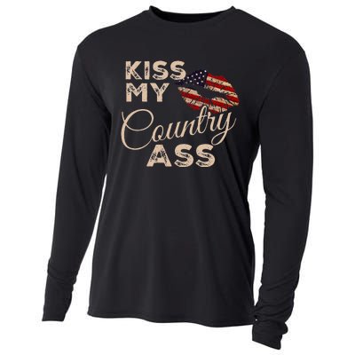 Kiss My Country Ass Patriotic Grunge Flag Lips Cooling Performance Long Sleeve Crew