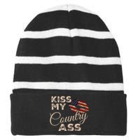 Kiss My Country Ass Patriotic Grunge Flag Lips Striped Beanie with Solid Band