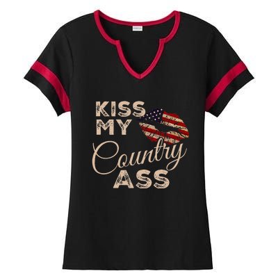 Kiss My Country Ass Patriotic Grunge Flag Lips Ladies Halftime Notch Neck Tee