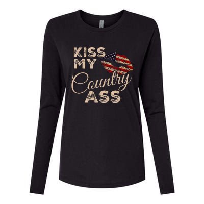 Kiss My Country Ass Patriotic Grunge Flag Lips Womens Cotton Relaxed Long Sleeve T-Shirt