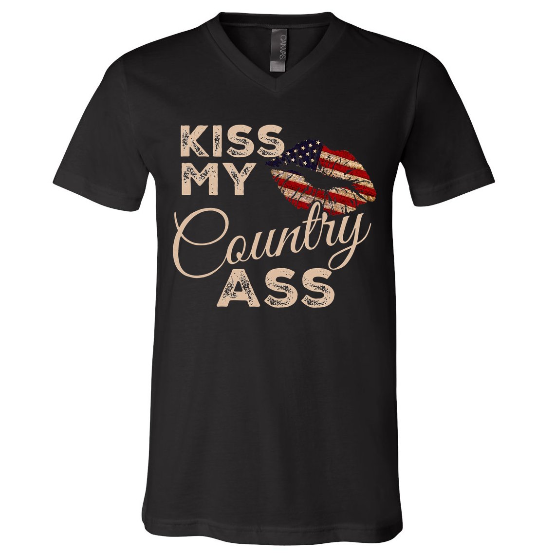 Kiss My Country Ass Patriotic Grunge Flag Lips V-Neck T-Shirt