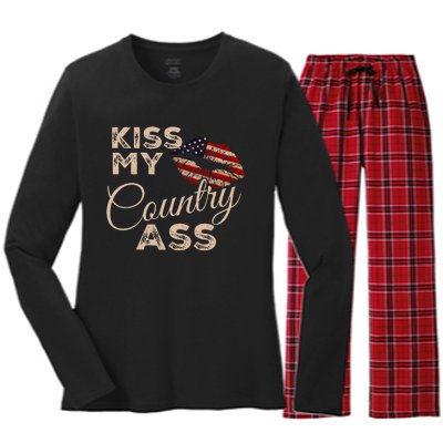 Kiss My Country Ass Patriotic Grunge Flag Lips Women's Long Sleeve Flannel Pajama Set 